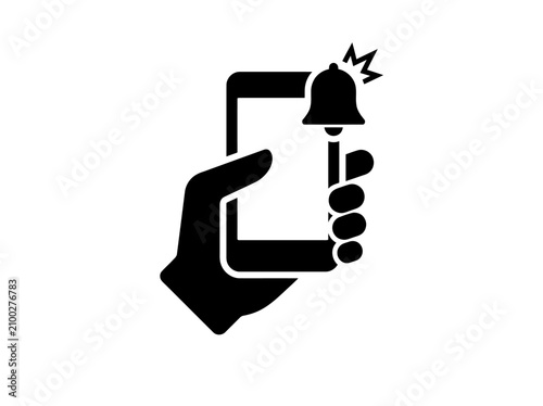 Black and White Smartphone Notification Icon Vector, Hand Holding Mobile Phone with Alert Bell Silhouette Isolated on White Background