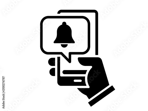 Black and White Smartphone Notification Icon Vector, Hand Holding Mobile Phone with Alert Bell Silhouette Isolated on White Background