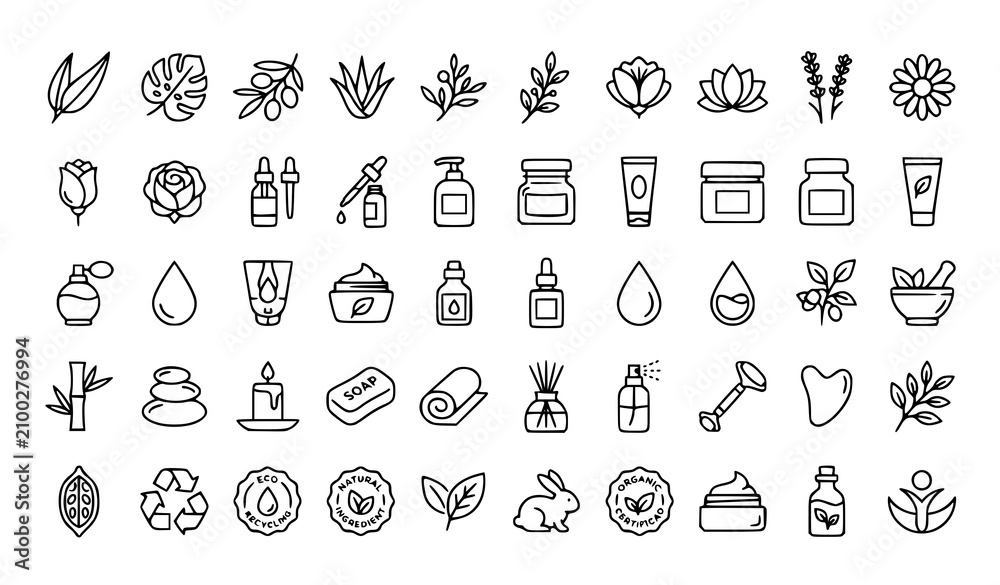 Naklejka premium Organic Beauty and Skincare Icon Collection Featuring Cosmetic Products, Plants and Natural Wellness Symbols