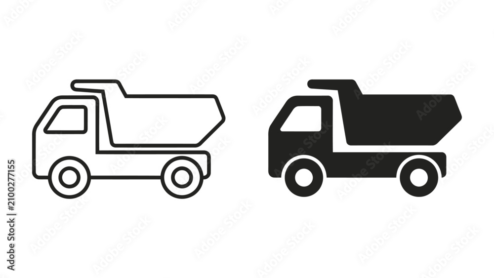 Fototapeta premium Dump Truck Icons: Two stylized icons of a dump truck, one outlined and one solid black, represent heavy-duty transport and construction vehicles.