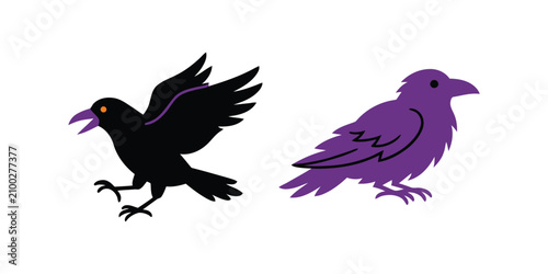 Bilde på lerret Two raven illustrations a dynamic black raven and a static purple raven design