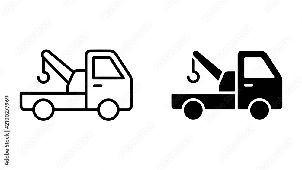 Fototapeta premium Tow Truck Icon: Simple, clean line art and silhouette icons of a tow truck, representing roadside assistance, towing services, and vehicle transport.