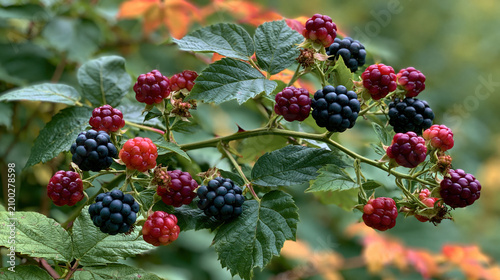 ripe blackberries growing naturally on a garden berry bush