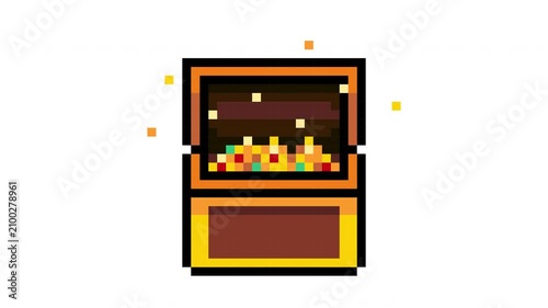 Pixel icon of opening treasure chest. Video pixelated chest with gold and jewels for retro 8 bit arcade game. 4K footage with alpha channel