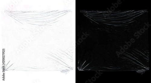 Foto Transparent plastic wrap texture on black and white background, wrinkled polyeth
