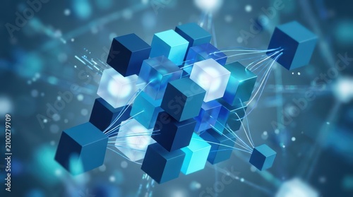 Abstract blue digital cubes floating with glowing light connection lines