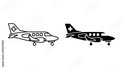 Medical Jet Icon: Two simple graphic icons representing a medical jet, one outlined and one solid silhouette, both featuring a prominent cross symbol on their wings.