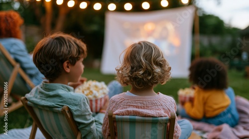 Children sitting on lawn chairs watching an outdoor movie screening in a backyard with string lights illuminating the scene and a large screen displaying a film