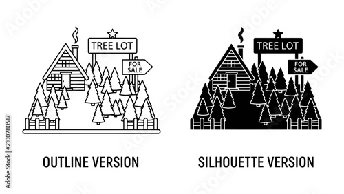 Cuadro en lienzo Christmas Tree Lot with Cabin: Two distinct graphic representations, an outline and a silhouette, depict a charming cabin nestled among numerous pine trees