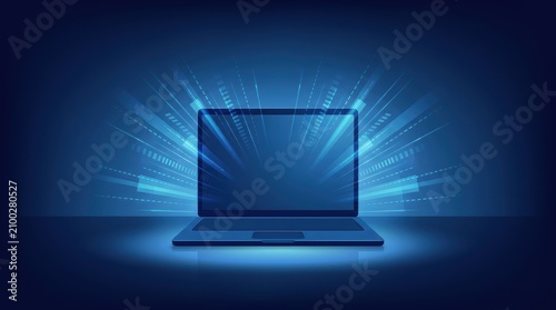 Modern laptop displaying glowing blue digital light rays and data