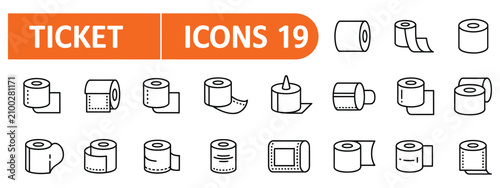 Set Of Roll Of Paper, Tickets, And Filmstrip Vector Line Icons, Editable Stroke Collection Featuring Receipt Roll, Admission Tickets, Cinema Film Strip, Coupons, And Paper Elements, Minimal Outline De