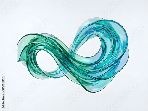 Abstract flowing infinity symbol shape with iridescent green and blue hues