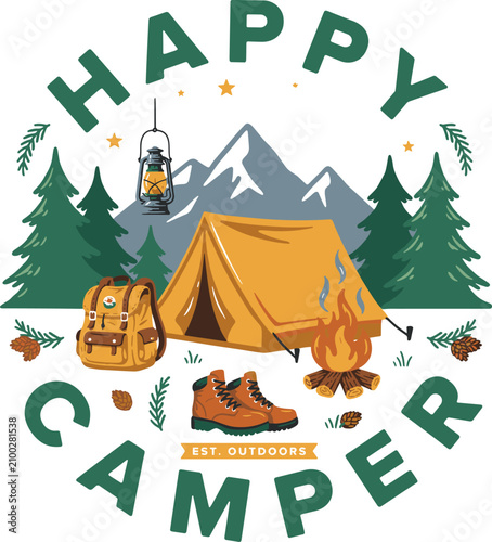 Happy Camper Night Scene with Tent, Mountain, Backpack, Boots, Campfire, and Lantern for Outdoor Adventure T-Shirt Design