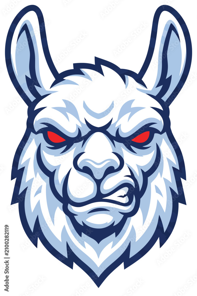 Obraz premium Aggressive white llama head mascot with red eyes and a snarl, stylized vector illustration for sports teams or branding.