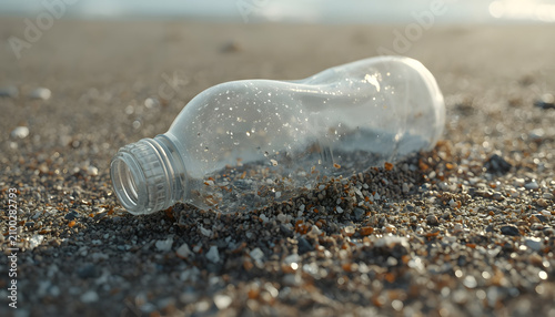 Close-up of an old plastic bottle slowly degrading into microscopic plastic particles on sandy beach, environmental pollution, global warming concept, ultra realistic textures, cinematic lighting, pho