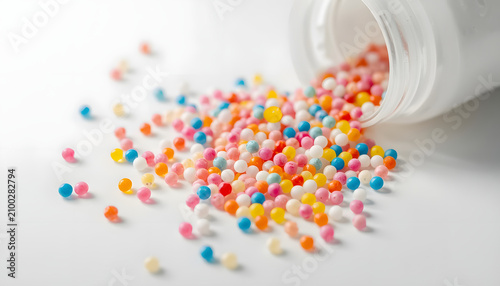Cosmetic facial scrub with colorful microplastic beads spilling onto white surface, environmental awareness, macro commercial photography, clean lighting, ultra detailed, isolated background