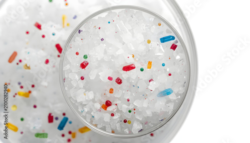 Macro shot of sea salt crystals mixed with colorful microscopic plastic particles in laboratory dish, food contamination concept, scientific research, white laboratory background, ultra detailed, real