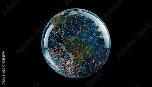 Planet Earth made of transparent glass filled with billions of colorful microplastic particles, environmental crisis concept, dark background, cinematic lighting, ultra realistic 3D render, highly det