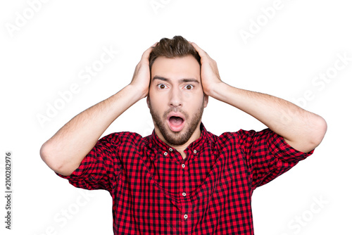 Fotografie So unexpected and incredible! Embarrassed mixed-up confused unlucky person cloth