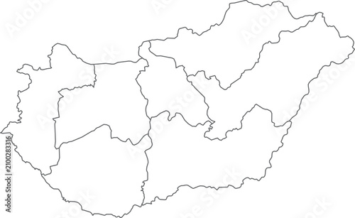 Black outline map of hungary with regions on white background