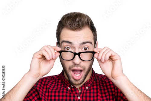 Quadro su tela Wow! Close up portrait of handsome attractive curious cunning joyful funny amaze