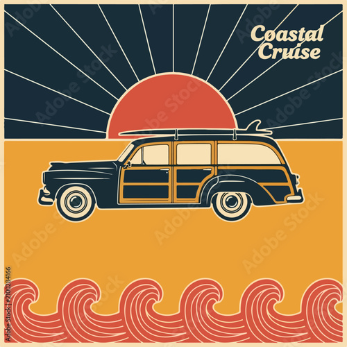 Vintage Woody Station Wagon. Retro Beach Car. Nostalgic Summer Vibes. Coastal Cruise.