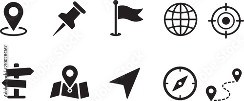 Navigation Icons Set Flat Black Silhouette On White Background location