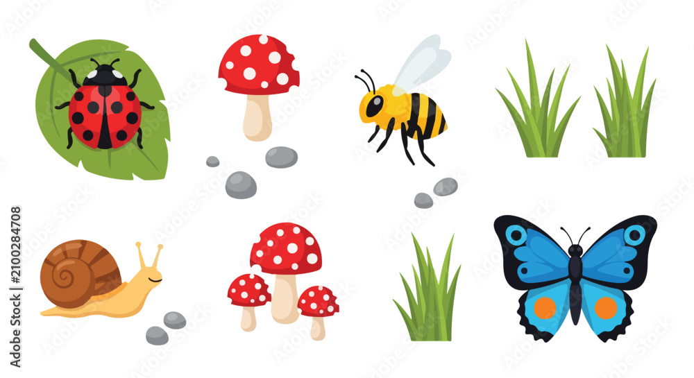 Fototapeta premium Cute Insects and Nature Elements. Ladybug, Bee, Butterfly, Snail, Mushrooms, Grass, Stones. Flat Design.