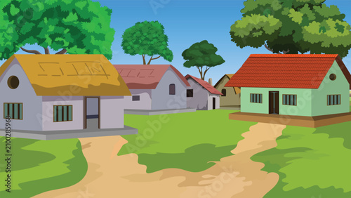 Foto Rural landscape illustration showcasing a split foreground dirt road branching toward a light green house with a red roof and a yellow thatched hut in an Indian village