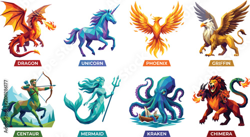Fotografie Low Poly Mythical Creature Set – Dragon, Unicorn, Phoenix, Griffin, Centaur, Mer