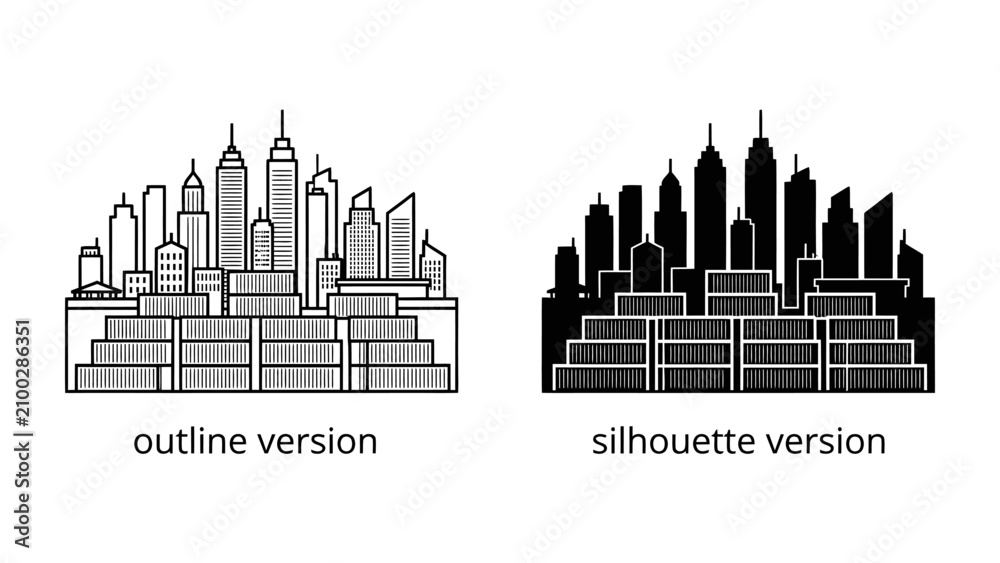 Obraz premium Cityscape Icon: A modern cityscape represented by both an outline and silhouette version, showcasing towering skyscrapers and architectural variety.