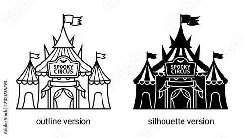 Fotografía Spooky Circus Tents: Two illustrated circus tents, one in outline and the other in silhouette, both featuring a banner that reads Spooky Circus, hinting at a thrilling and mysterious attraction