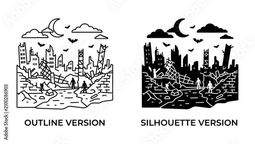 Foto Post-Apocalyptic Cityscape: Twin artistic representations of a desolate urban landscape under a crescent moon, showcasing ruined buildings, barren terrain, and lone figures