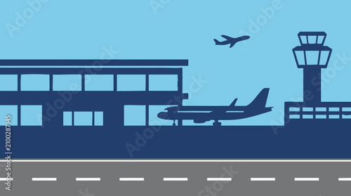 Bild auf Leinwand Stylized airport scene with passenger planes, terminal, and control tower