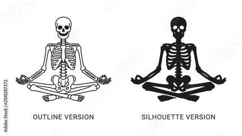 Skeleton Meditation: A skeletal figure in a serene meditation pose, symbolizing the juxtaposition of life and stillness. This graphic represents a unique blend of anatomy and mindfulness.