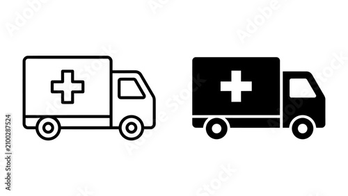 Ambulance Icon Set: A clean and simple set of line art and solid black icons depicting an ambulance with a prominent medical cross, representing emergency medical services and transport.