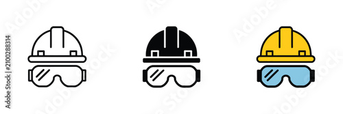 Hard hat with goggles icon vector showing construction helmet and safety glasses symbol for engineering and workplace protection