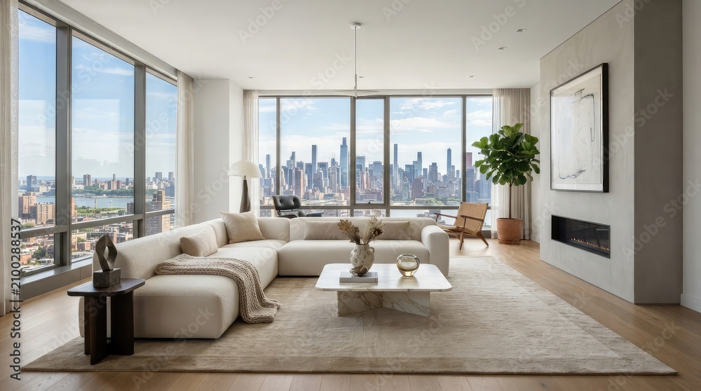 Fototapeta premium Modern Luxury Living Room Interior with Fireplace Contemporary Sofa Elegant Furniture Large Windows in a Stylish Apartment Home with Comfortable Design and Cozy Decor