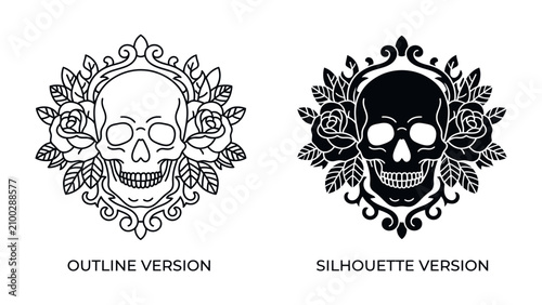 фотографія Skull and Roses Emblem: A striking emblem featuring a skull surrounded by roses, presented in both outline and silhouette versions for versatile design applications
