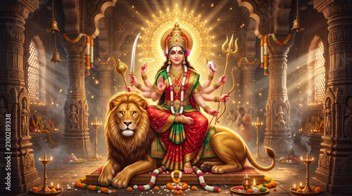 Goddess Durga Seated on Lion in Sacred Hindu Temple with Divine Halo for Navratri Festival Celebration