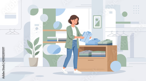Woman folding clothes in a modern boutique or home setting