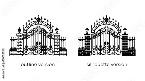 Cuadro en lienzo Ornate Gate Designs: Two elegant gate designs, one an outline and the other a silhouette, showcase intricate wrought iron details and decorative elements