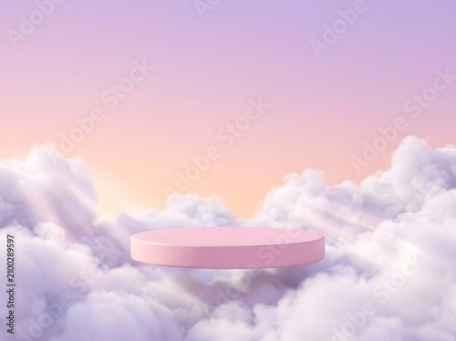 Pink cylindrical platform floating among clouds at sunset