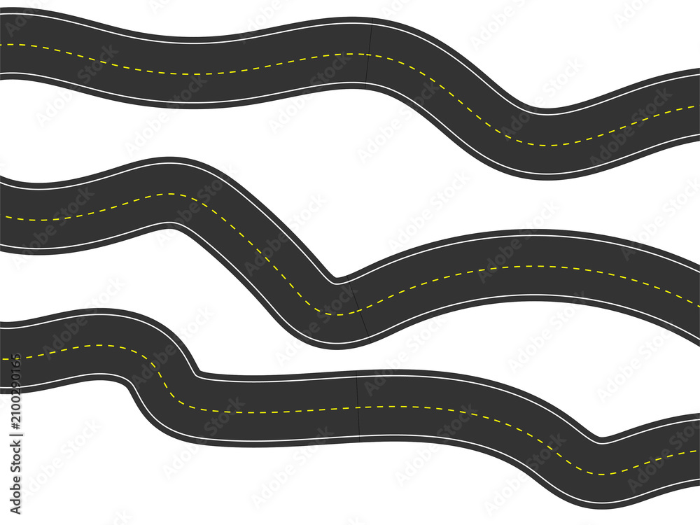 Fototapeta premium Abstract Three Horizontal Winding Roads Vector Path Set on White Background
