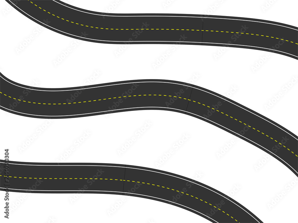 Naklejka premium Abstract Three Winding Roads Vector Path Set with Yellow Dashed Lines on White Background