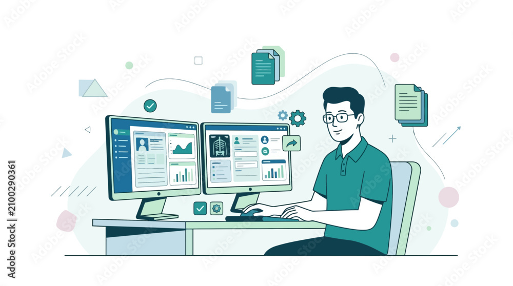 Naklejka premium Medical Coder Working on Dual Monitors with Health Data Interface and EHR System