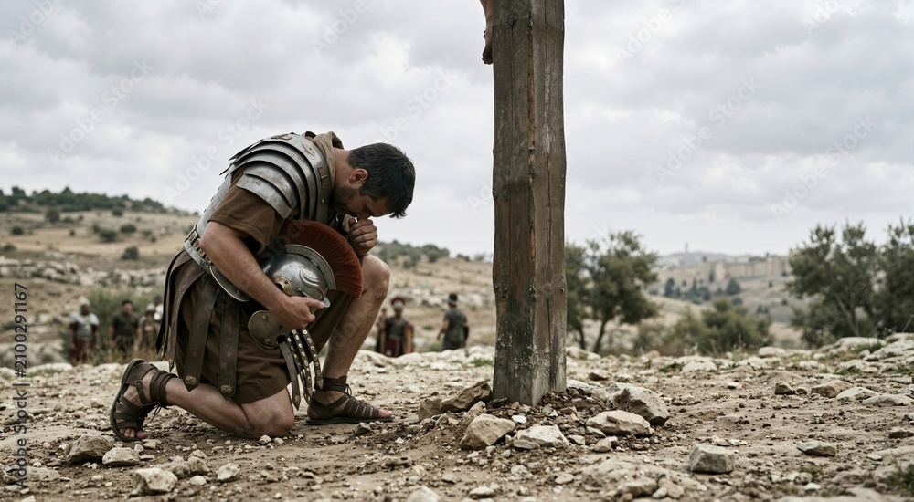 Obraz premium Roman centurion kneeling in grief at the foot of a wooden cross. New Testament Passion of Christ biblical theme