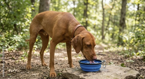 Brown Vizsla dog drinking water from a blue portable collapsible bowl in a forest. Thirsty pet hydrating during an outdoor hike on a woodland trail