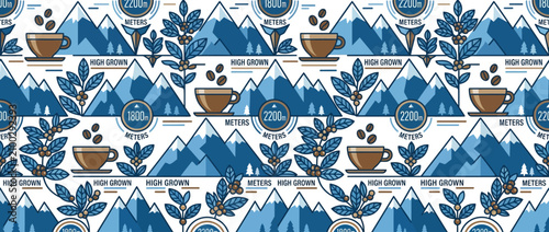Schilderij op canvas Seamless pattern of coffee beans, plants, cups and mountains, high altitude grow