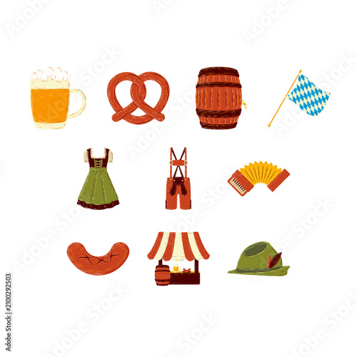 Oktoberfest bavarian festival clipart set 1, vector illustration bundle of beer pretzel barrel and german festival elements for oktoberfest festival design